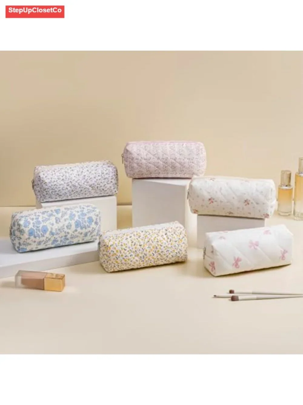 Quilted Cotton Makeup Bag, Floral Cosmetic Toiletry Organizer, Travel Pouch